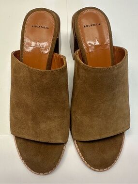 Aquatalia Brown Olive Suede Open-Toe Slide Mules